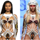 Left, screenshot of the “Ini” swimsuit from Bfyne; Right, A model walks the runway for Silvia Ulson at Miami Swim Week powered by Art Hearts Fashion Swim/Resort 2018/19 at Faena Forum on July 12, 2018 in Miami Beach, Florida.
